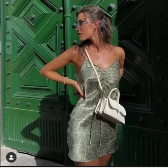 Zara Satin Effect Paisley Slip Mini Dress Green Gold Size Medium - Picture 3 of 10